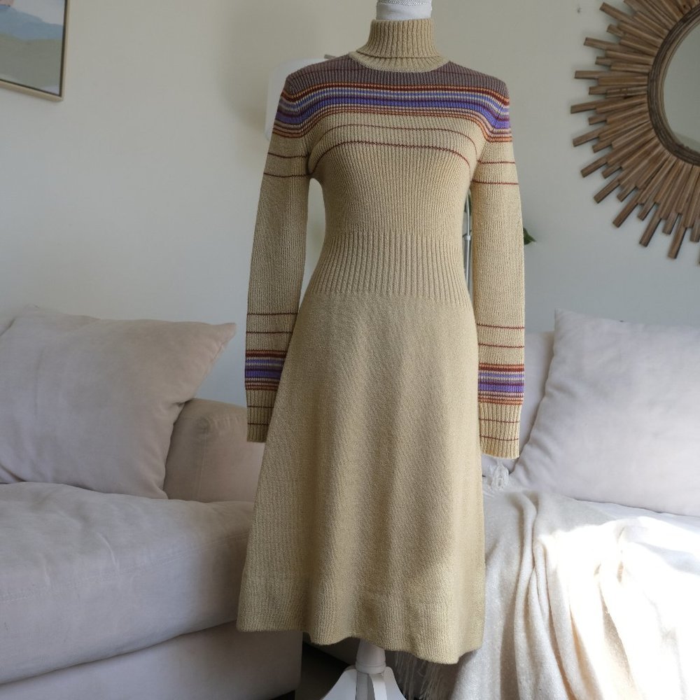 Vintage Bargello Knitted Camel Colored Striped Turtleneck Sweater Dress - Picture 2 of 11